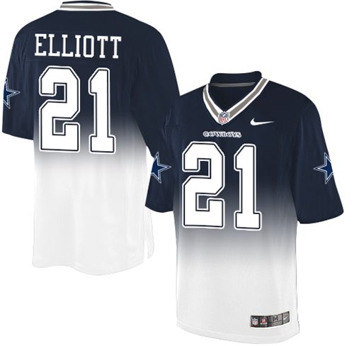 Nike Cowboys #21 Ezekiel Elliott Navy Blue/White Men's Stitched NFL Elite Fadeaway Fashion Jersey - Click Image to Close